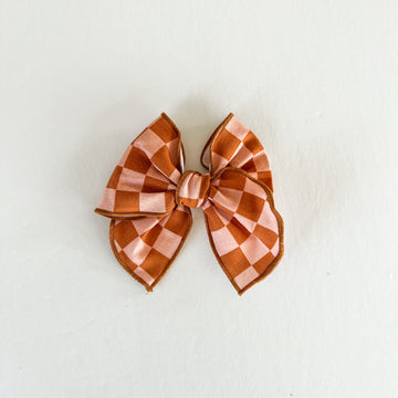 Rust + Pink Checker Midi Fable Bow || Serged